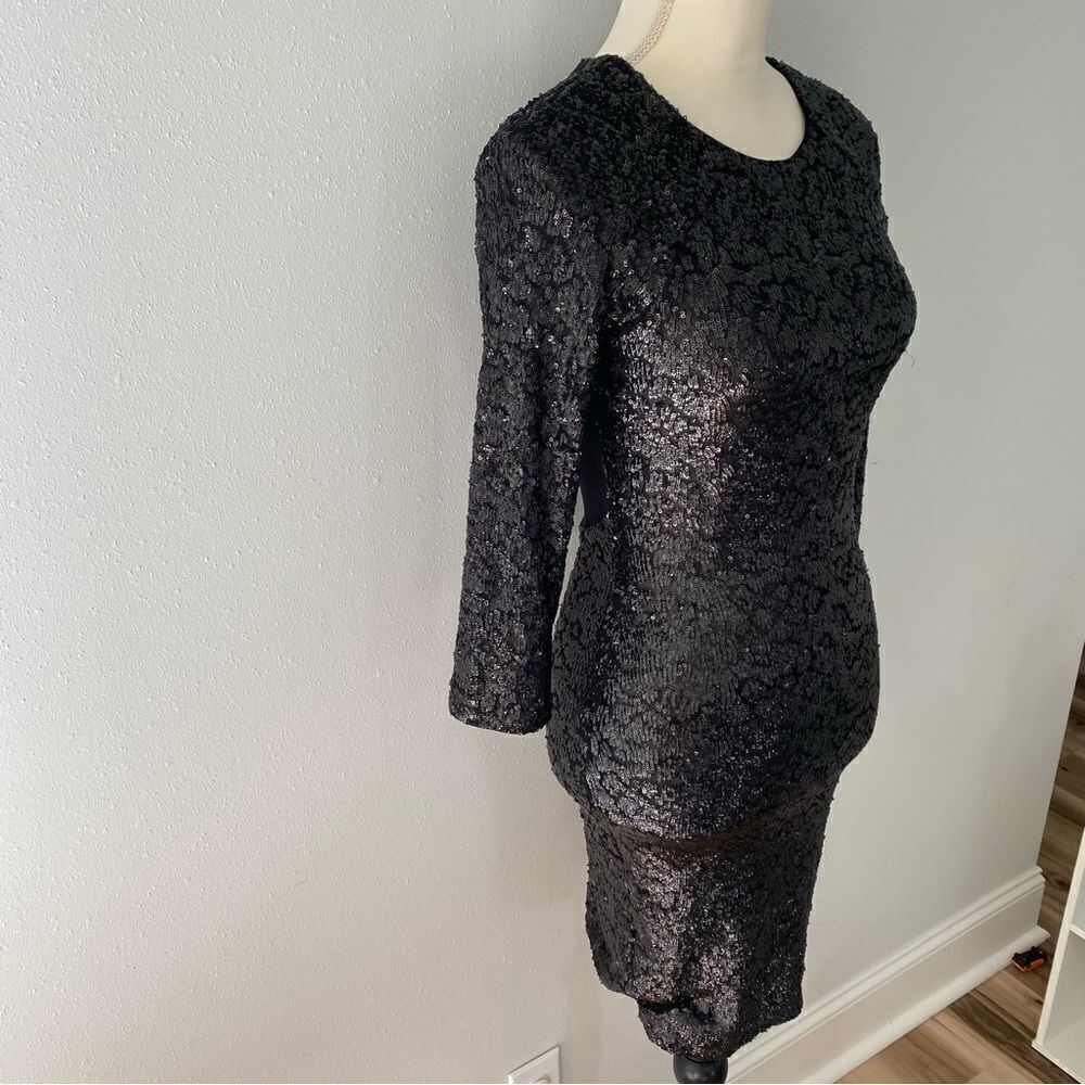 Alice + Olivia Black Sequin Bodycon Stretchy Mini Cocktail Dress - Picture 3 of 8